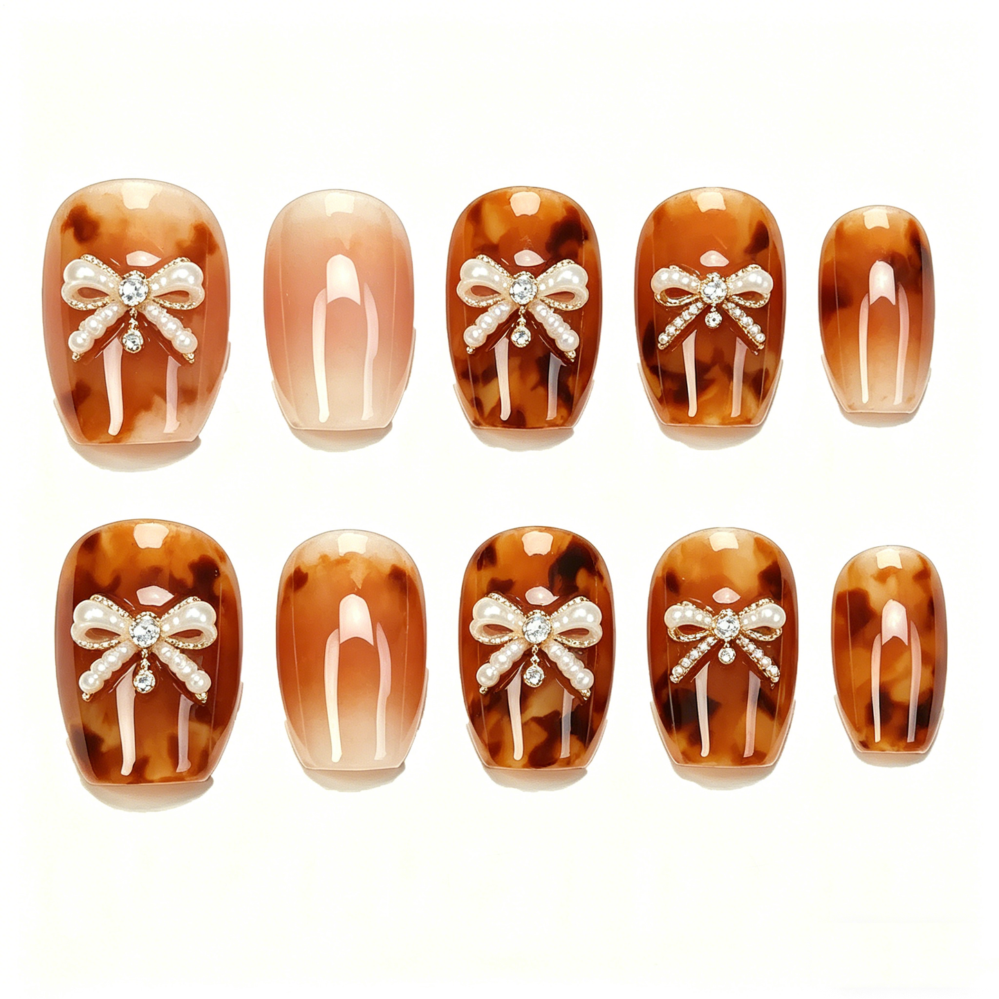 Amber Tortoiseshell Pearl Bow Square Nails
