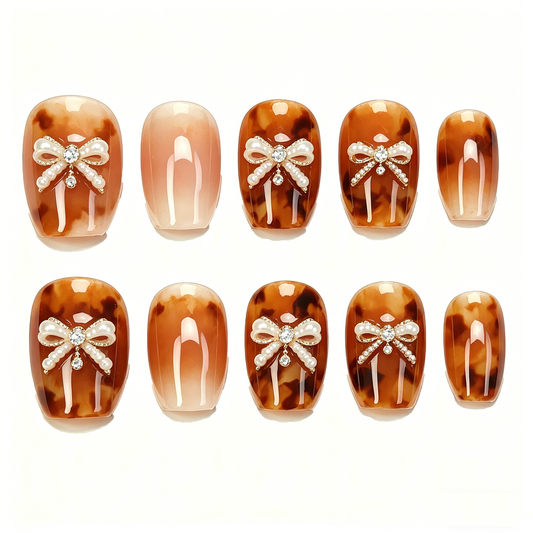Amber Tortoiseshell Pearl Bow Square Nails