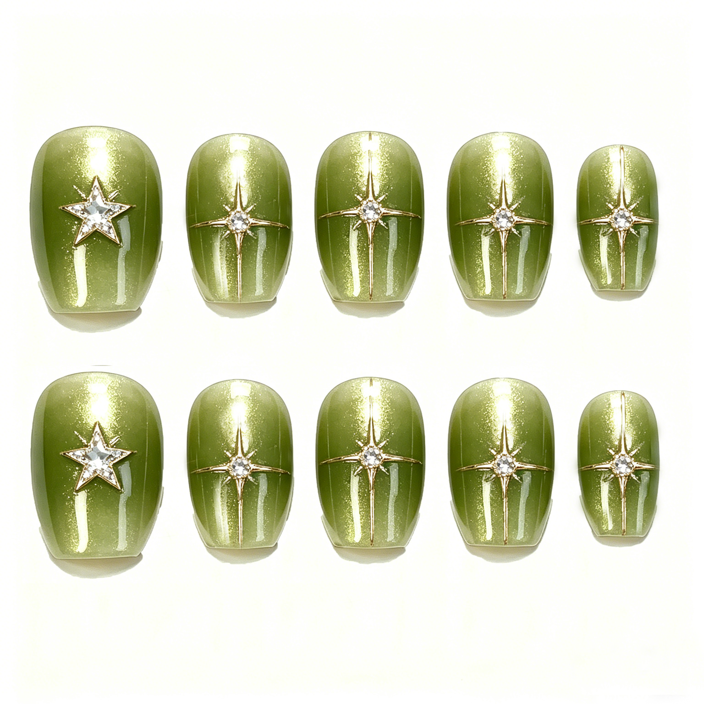 Green Cat Eye Gold Star Square Nails
