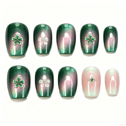 Green Pink Gradient Clover Cat Eye Nails