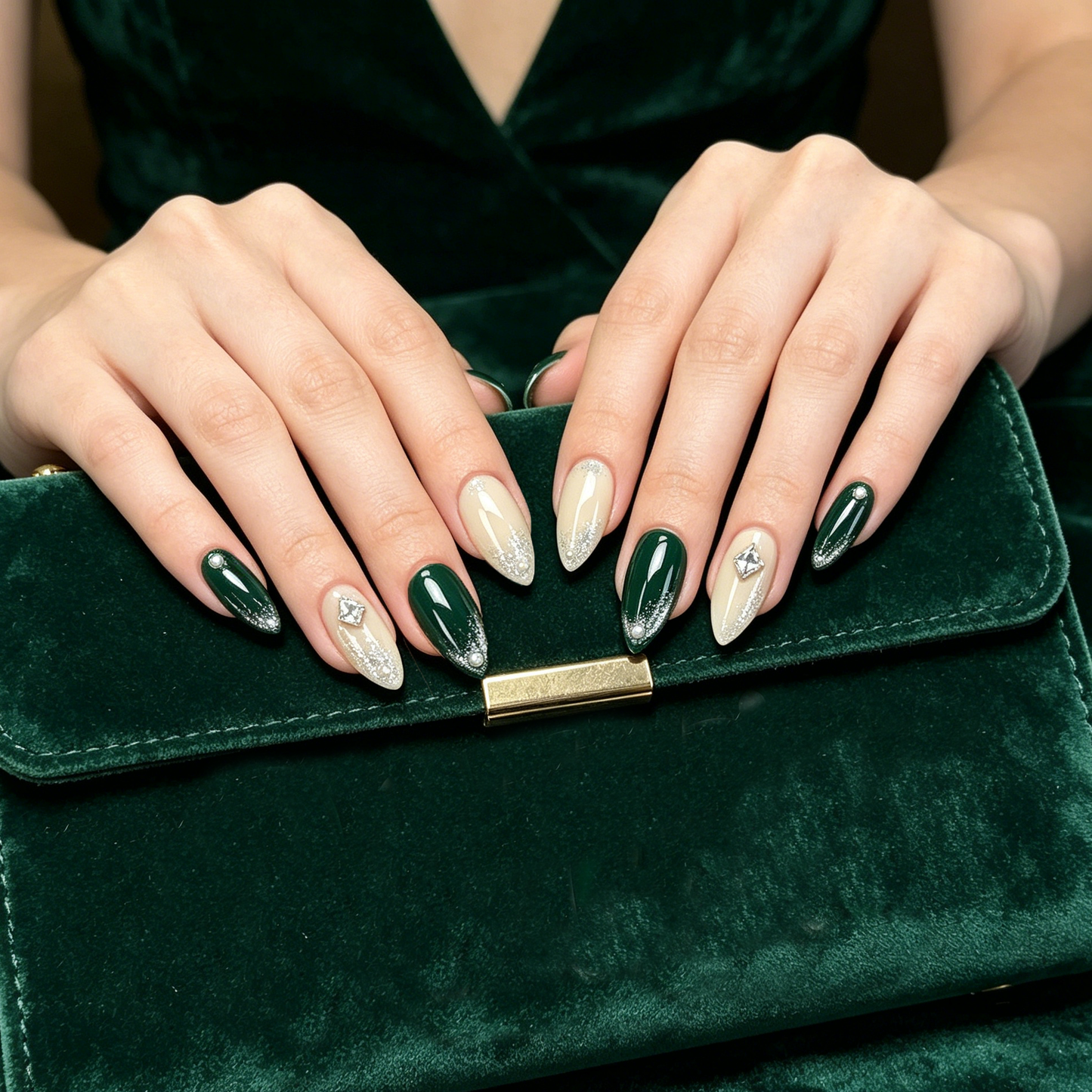 Forest Green Pearl Shimmer Almond Nails